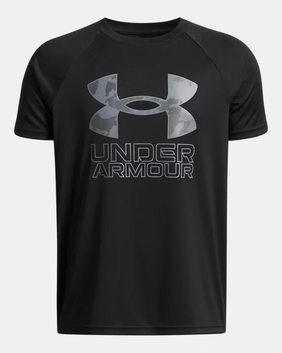 UA Tech Hybrid Print Boys' Short Sleeve Noir/Titan - 7 à 14 ans