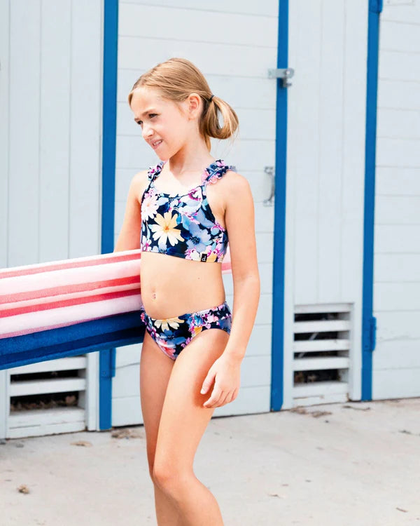 Maillot De Bain Deux Pièces Imprimé Bleu Marine Et Fleurs Jaunes Et Roses - G30NG22_049- 5 à 12 ans