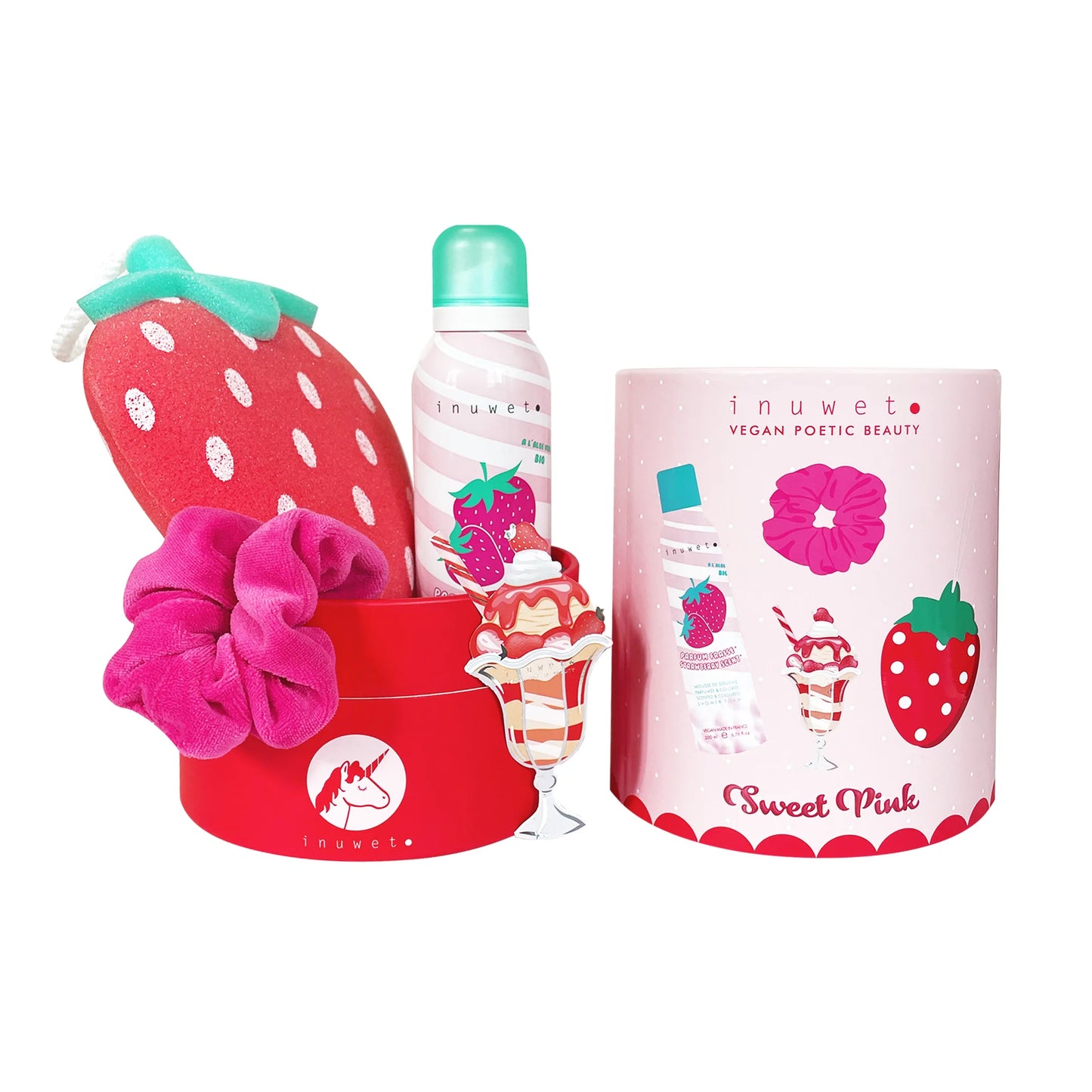 Coffret mousse de douche et accessoires - Fraise