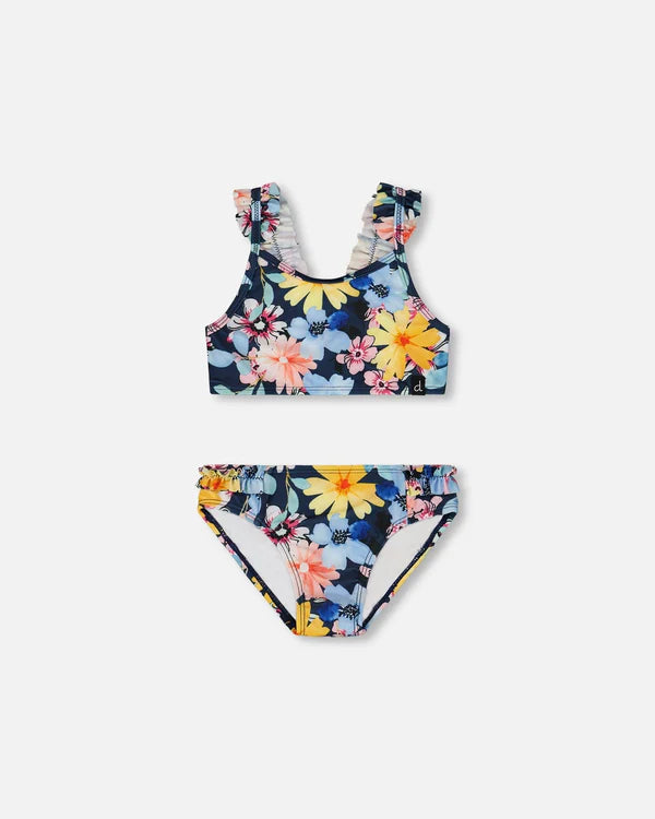 Maillot De Bain Deux Pièces Imprimé Bleu Marine Et Fleurs Jaunes Et Roses - G30NG22_049- 5 à 12 ans