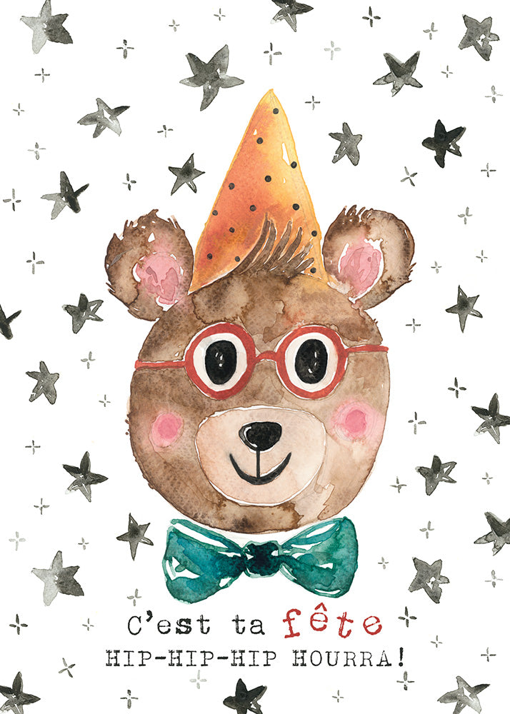 Carte avec illustration à l'aquarelle - Cest ta fête HIP-HIP-HIP HOURRA!
