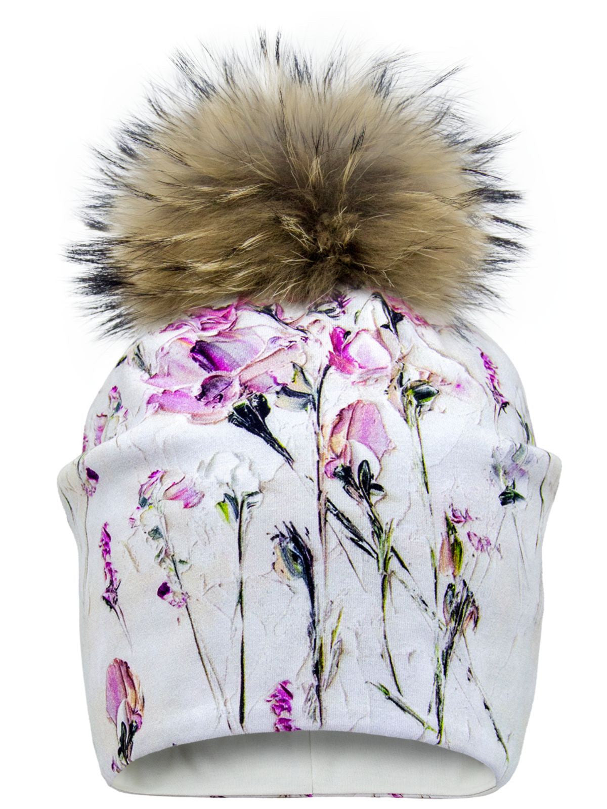 Tuque avec pompon en fourrure - Fleurs