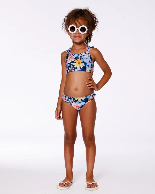 Maillot De Bain Deux Pièces Imprimé Bleu Marine Et Fleurs Jaunes Et Roses - G30NG22_049- 5 à 12 ans