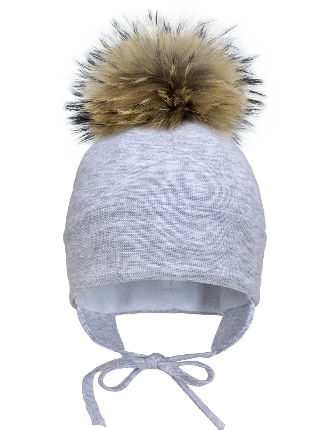 Tuque avec pompon de Fourrure naturel en coton avec oreilles - Gris - 0/6 mois à 3/5 ans