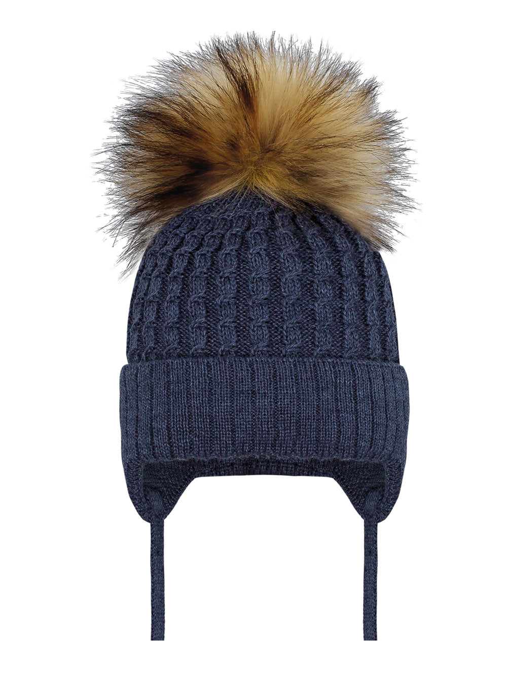 Tuque à oreilles pour bébé et enfant - Pompon en fourrure noir - Bleu denim