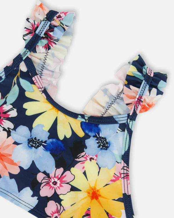 Maillot De Bain Deux Pièces Imprimé Bleu Marine Et Fleurs Jaunes Et Roses - G30NG22_049- 5 à 12 ans