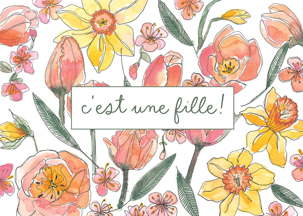 Carte avec illustration à l'aquarelle - C’est une fille!