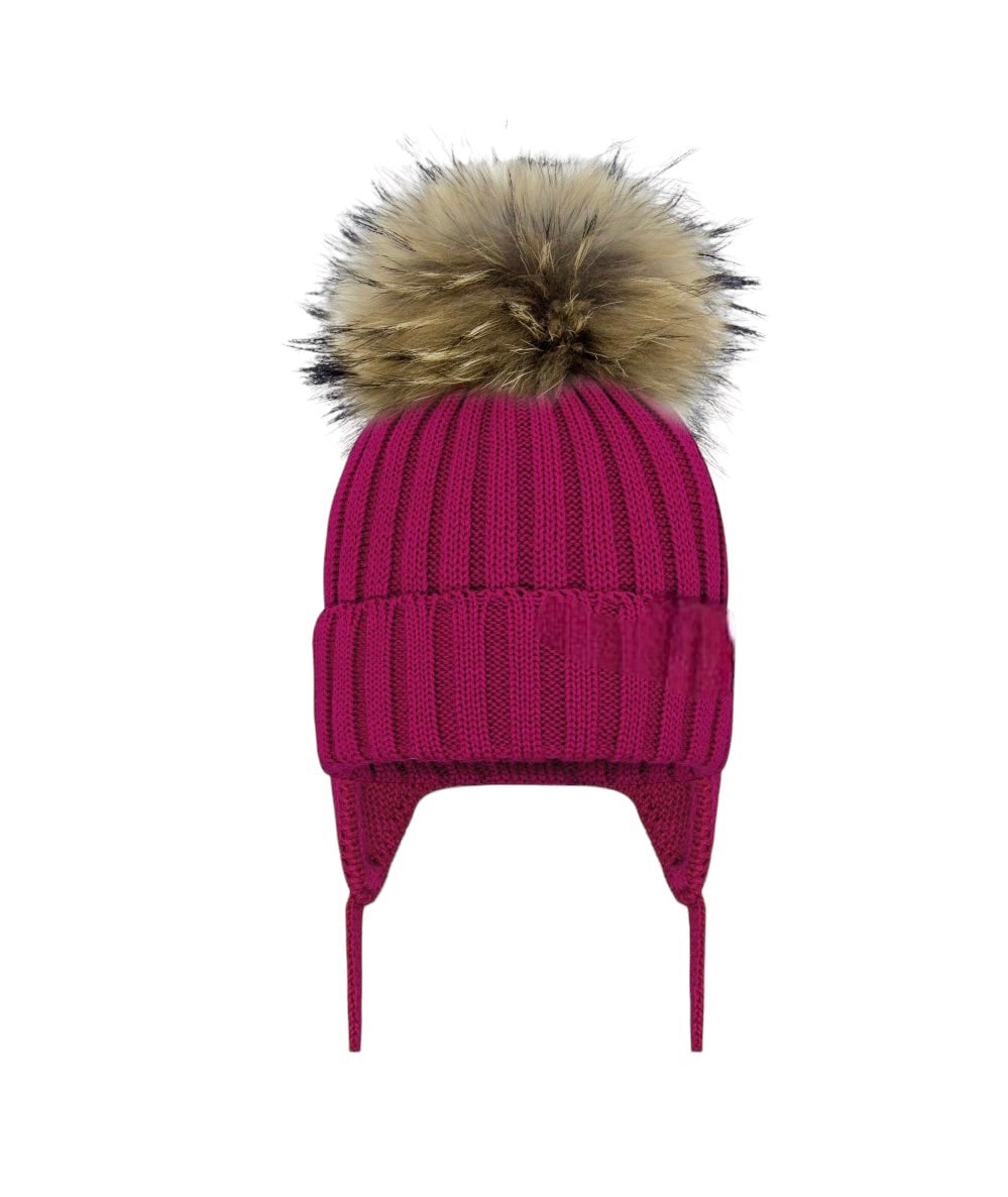 Tuque à oreilles pour bébé et enfant - Pompon en fourrure noir - Fushia