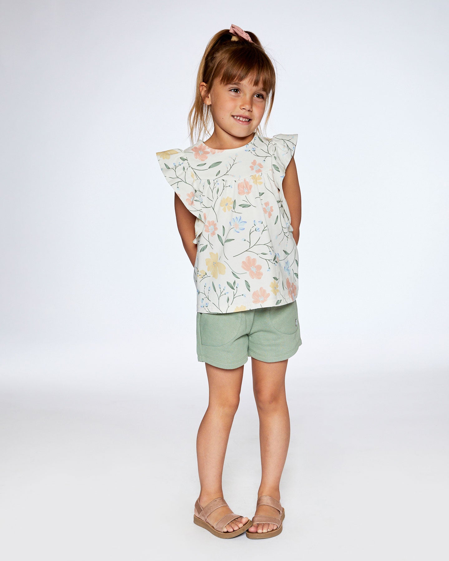 Haut en jersey avec manches à volants blanc cassé avec imprimé de fleurs romantiques - F30H71-000 - 3 à 12 ans