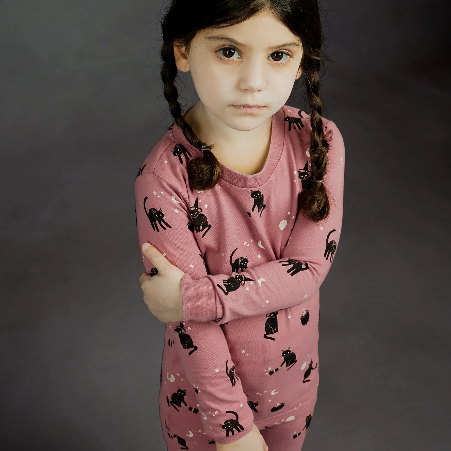 Ensemble pyjama mauve à imprimés de chats noirs phosphorescent - 2 à 14 ans