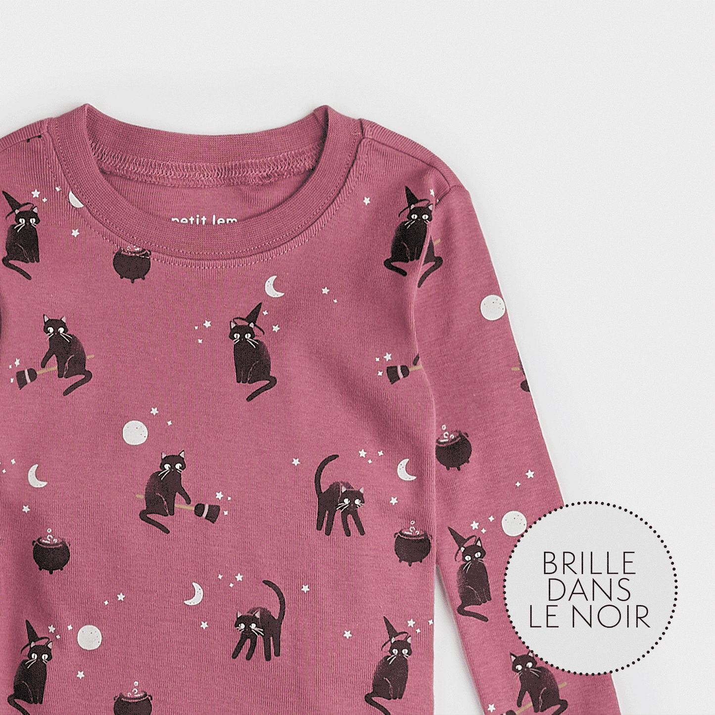 Ensemble pyjama mauve à imprimés de chats noirs phosphorescent - 2 à 14 ans