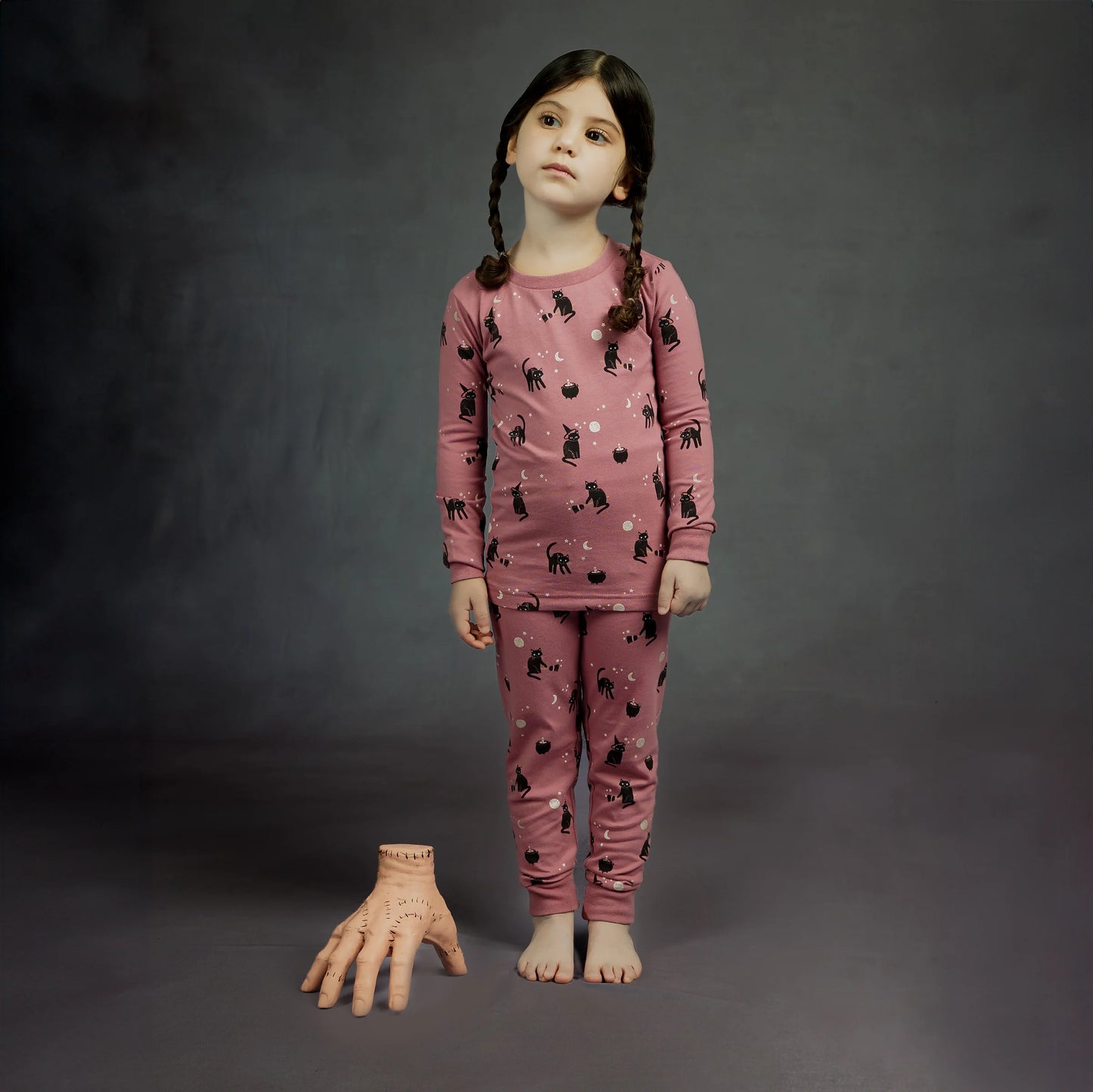 Ensemble pyjama mauve à imprimés de chats noirs phosphorescent - 2 à 14 ans