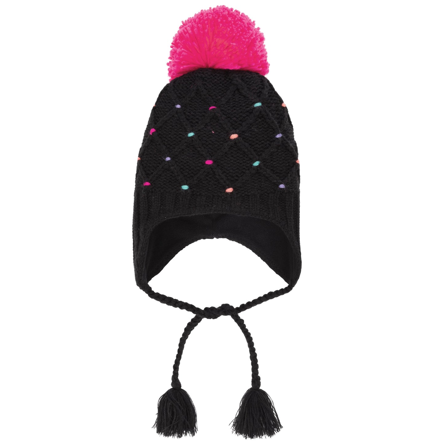 TUQUE DE MAILLE NOIRE À POIS ROSE DOUBLÉE AVEC CACHE-OREILLES - 6 à 24 mois