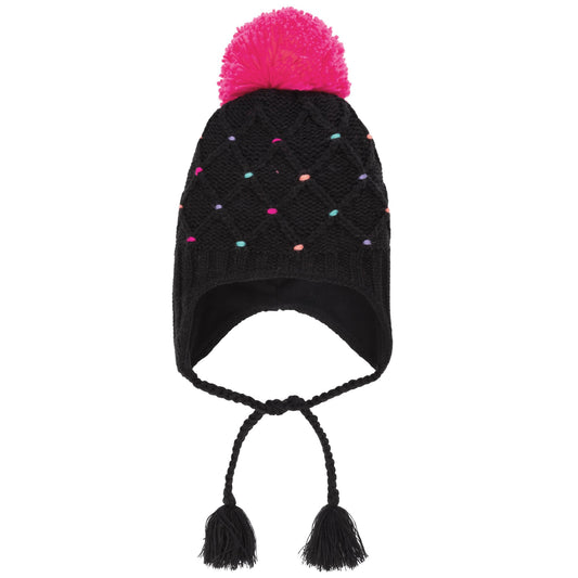 TUQUE DE MAILLE NOIRE À POIS ROSE DOUBLÉE AVEC CACHE-OREILLES - 6 à 24 mois