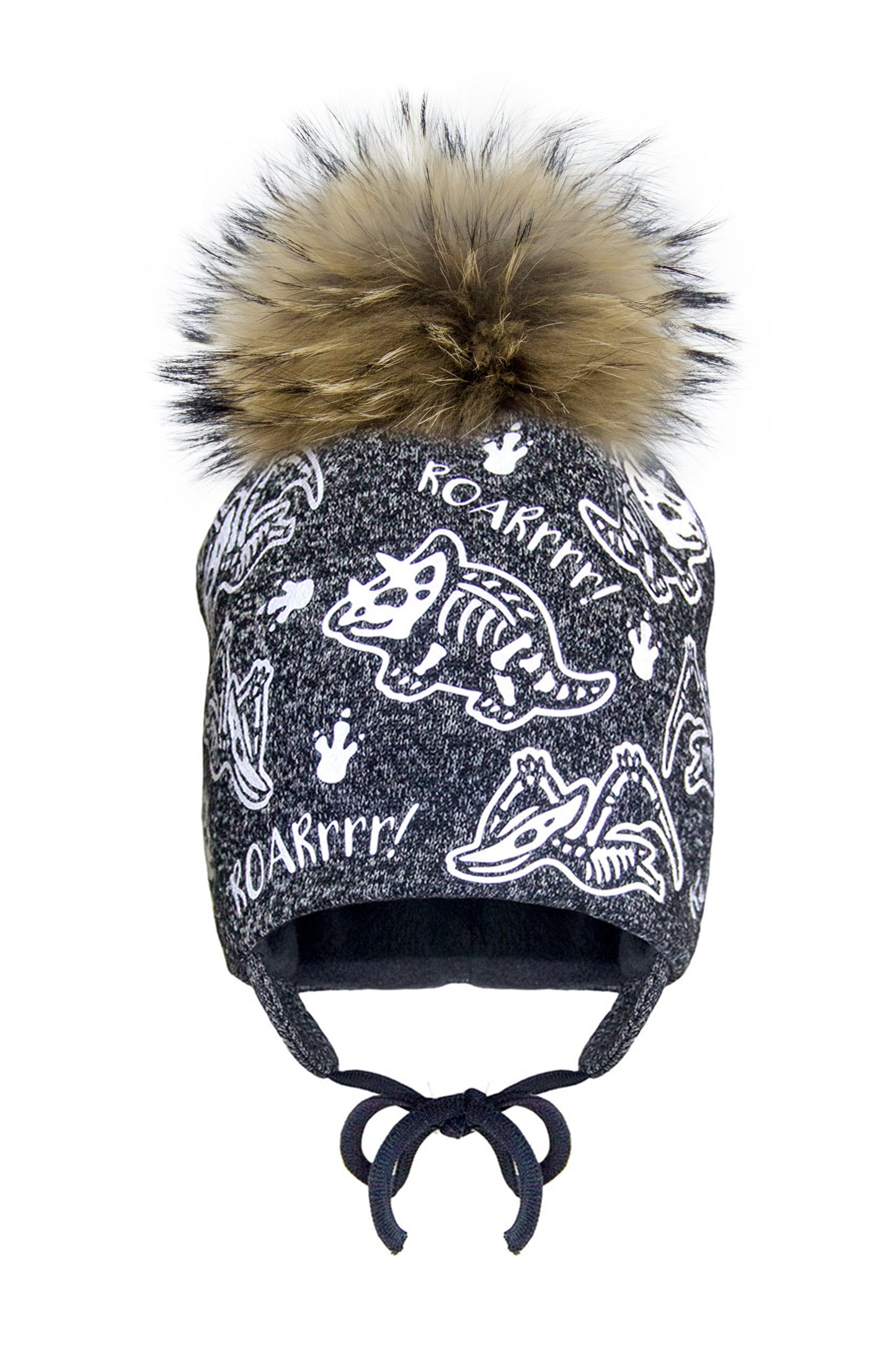 Tuque avec oreilles et pompon de fourrure - Motif dinosaures