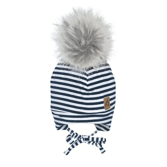 Tuque avec cache-oreilles et pompon - Rayures marine - Pirouette & Cie