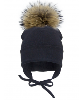 Tuque avec oreilles et pompon de fourrure - Noir