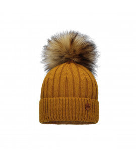 Tuque avec pompon naturel - 3/5 ans à 9 ans + (Adulte) - Moutarde