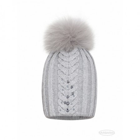 Tuque avec pompon naturel et petites pierres brillantes 3-5 / 5-7 - Gris