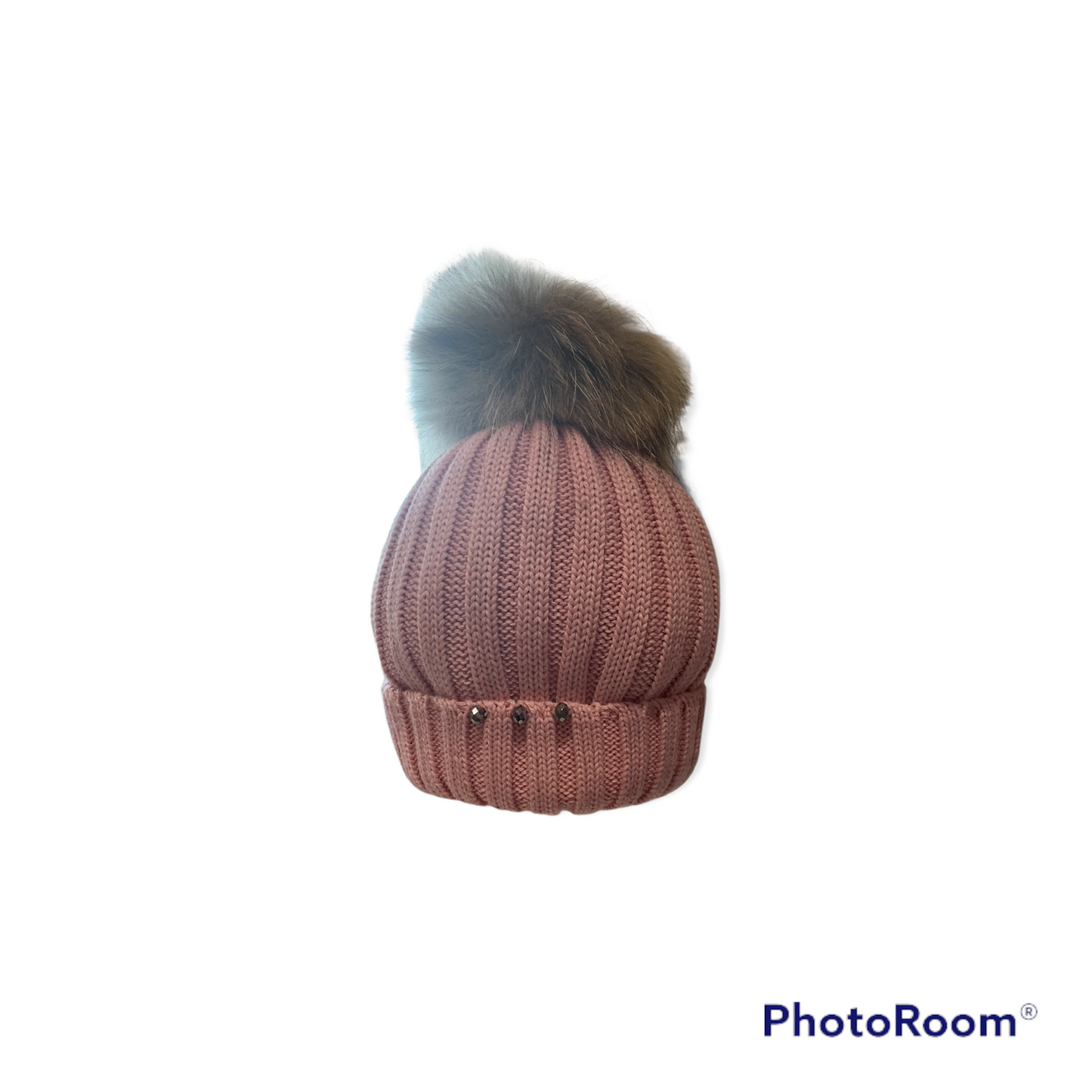 Tuque avec pompon naturel et petites pierres brillantes 5-7 ans - Rose poudre