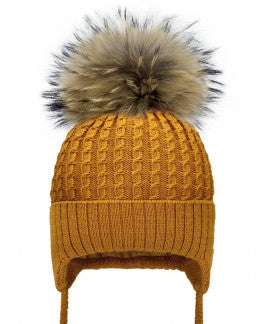 Tuque à oreilles - Pompon en fourrure synthétique- Moutarde 12/24 mois à 3/5 ans