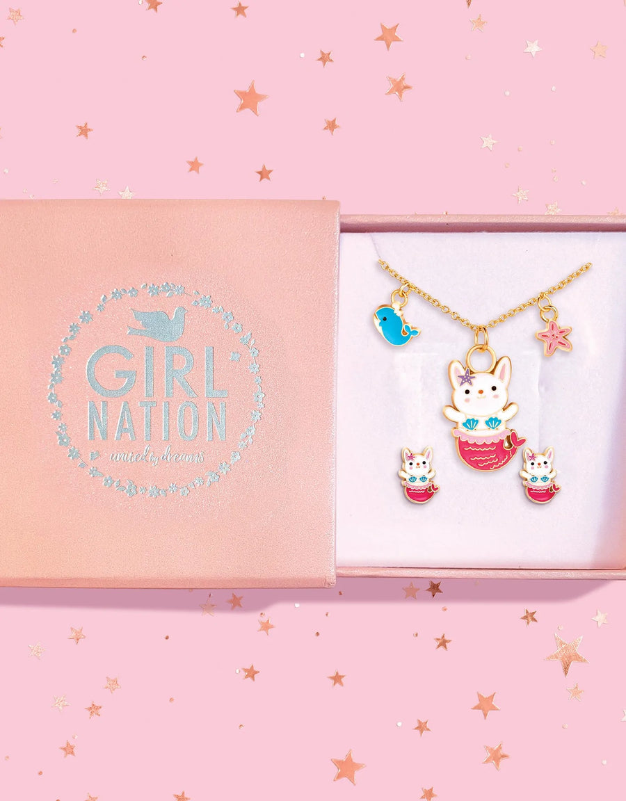COFFRET CADEAU COLLIER & BOUCLES D'OREILLES - LAPIN SIRÈNE ROSE