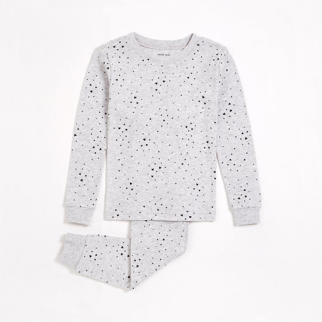 Ensemble pyjama gris chiné à imprimé confettis de coeurs- 2 à 12 ans