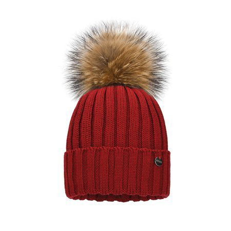 Tuque en lainage avec pompon naturel 3-5 ans - Rouge