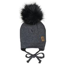 Tuque avec cache-oreilles et pompon - Noir chiné