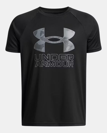 UA Tech Hybrid Print Boys' Short Sleeve Noir/Titan - 7 à 14 ans