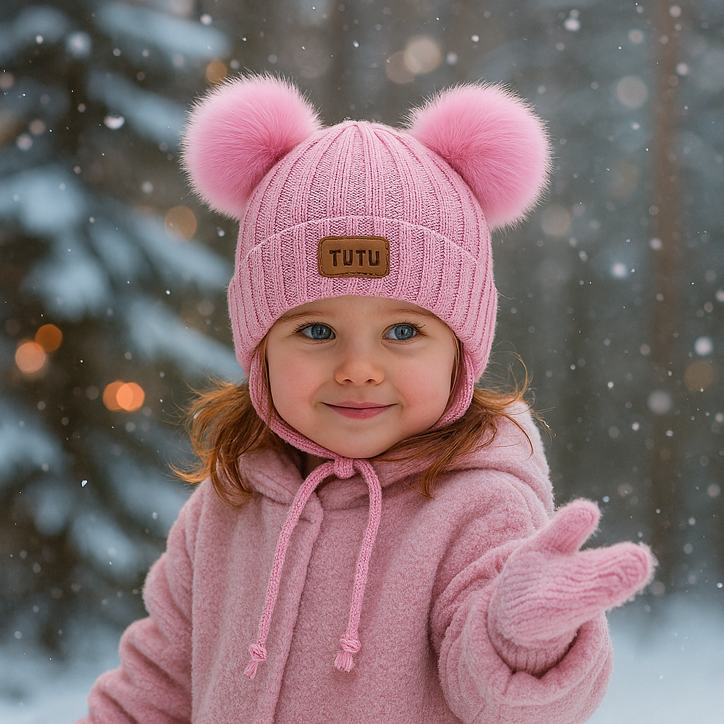 Tuque d’hiver en tricot - Ours - Rose