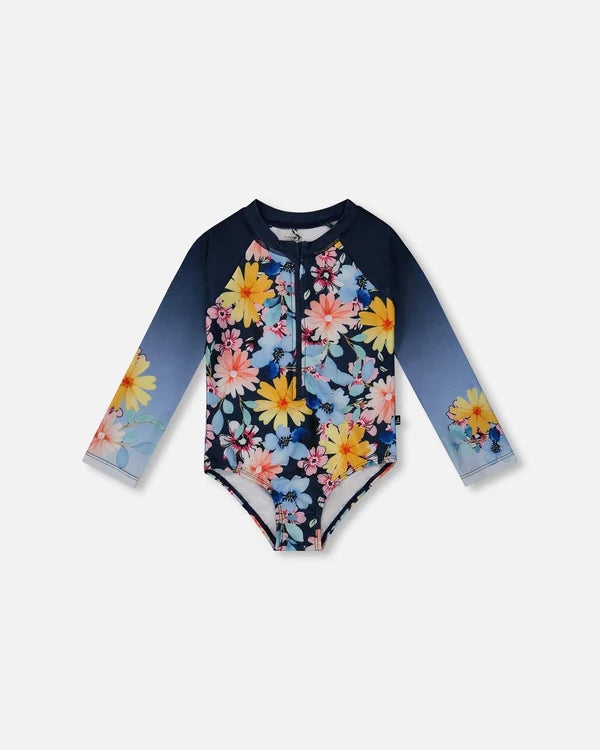 Rashguard À Manches Longues Imprimés Marine Et Fleurs Jaunes Et Roses - G30NG21_049-  3 à 10 ans