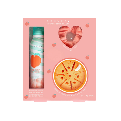 Coffret mousse de douche et accessoires - Pêche