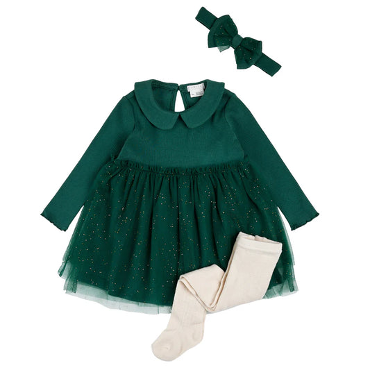 Ensemble Robe à Volants, Bandeau et Collants - Vert Sapin - 3 à 24M