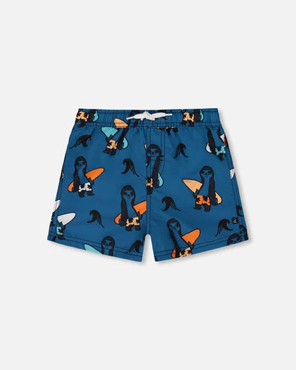 Maillot De Bain Imprimé Orange Sloths Sur Bleu Marine - G30NB11_038-  2 à 10 ans