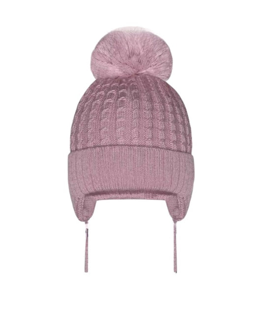 Tuque à oreilles pour bébé et enfant avec pompon - Vieux rose