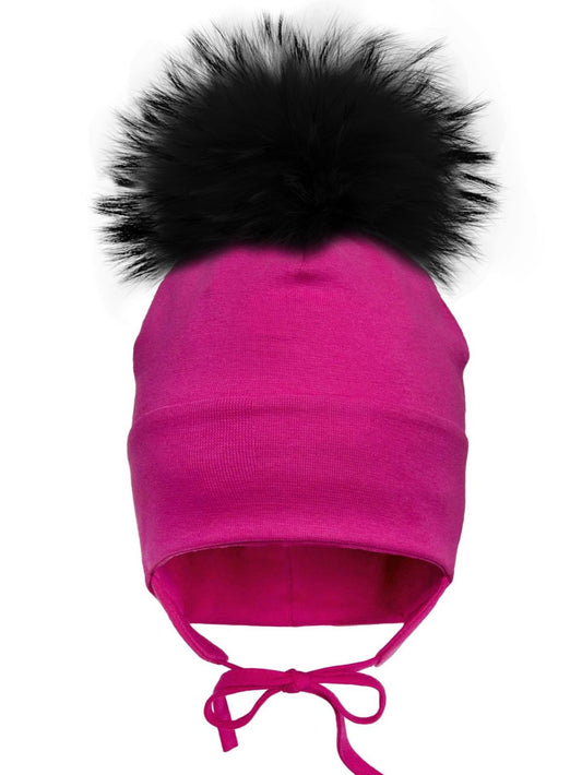 Tuque avec oreilles et pompon de fourrure - Fuschia