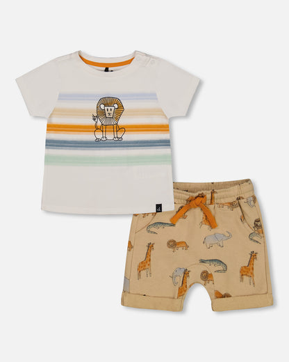 Ensemble t-shirt et short en coton français beige avec imprimé d'animaux
- F30T10-096 - 6 à 24 mois et 2 à 6 ans