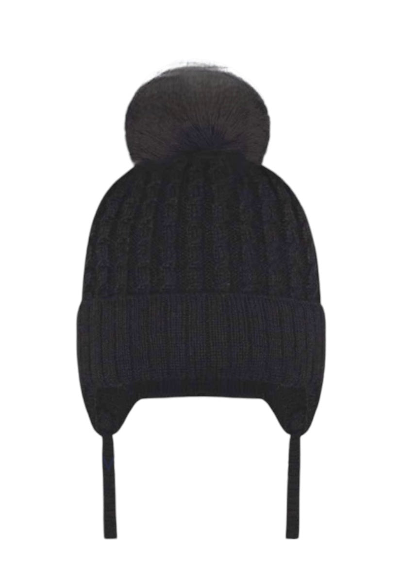 Tuque à oreilles pour bébé et enfant avec pompon - Noir