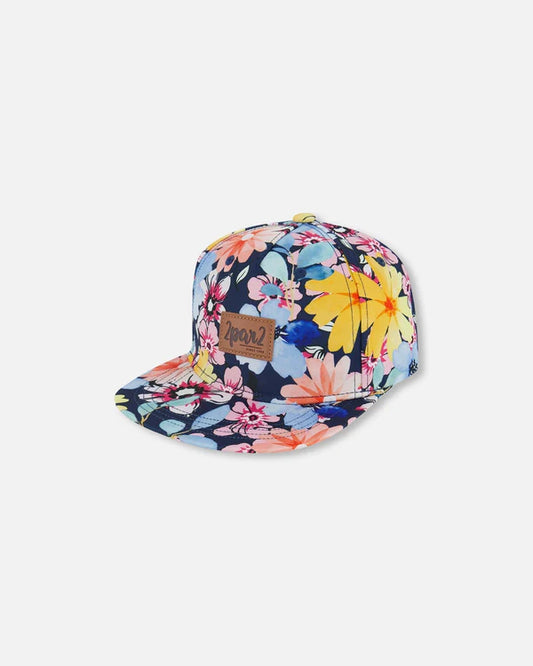 Casquette Imprimée Marine Et Fleurs Jaunes Et Roses - G30VGC_049-6/24 mois et 3-12 ans