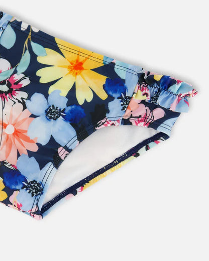 Maillot De Bain Deux Pièces Imprimé Bleu Marine Et Fleurs Jaunes Et Roses - G30NG22_049-  5 à 12 ans