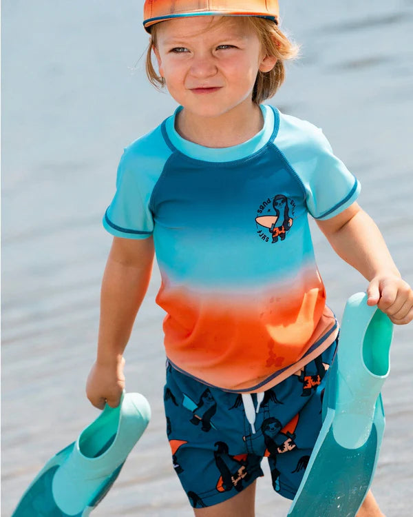 Maillot De Bain Imprimé Orange Sloths Sur Bleu Marine - G30NB11_038-  2 à 10 ans