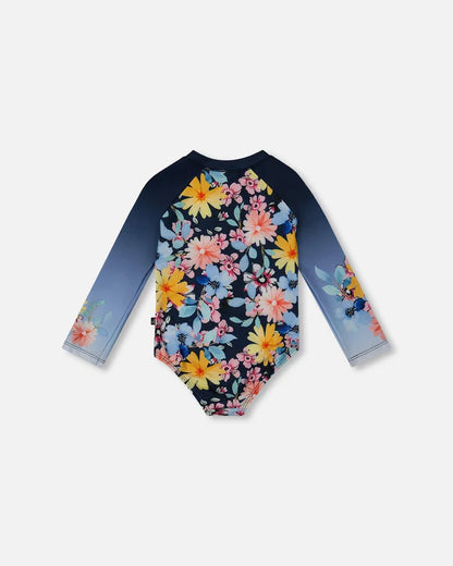 Rashguard À Manches Longues Imprimés Marine Et Fleurs Jaunes Et Roses - G30NG21_049-  3 à 10 ans