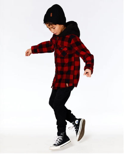 Chemise à capuche en polar léger carreaux buffalo rouge et noir -  3 à 10 ans