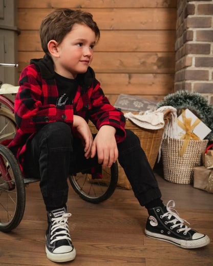 Chemise à capuche en polar léger carreaux buffalo rouge et noir -  3 à 10 ans