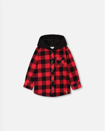 Chemise à capuche en polar léger carreaux buffalo rouge et noir -  3 à 10 ans