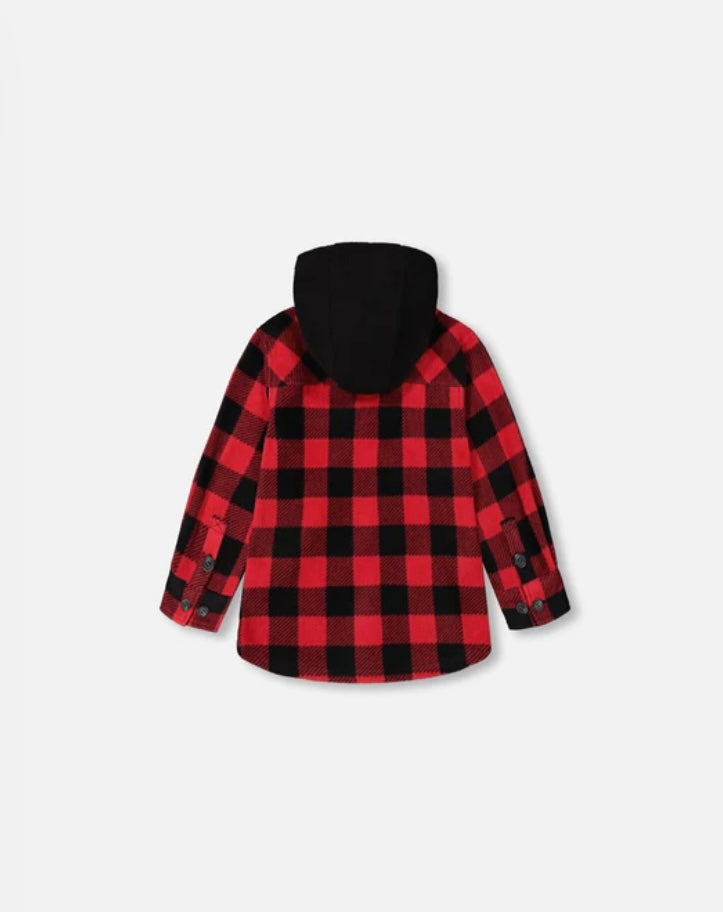 Chemise à capuche en polar léger carreaux buffalo rouge et noir -  3 à 10 ans