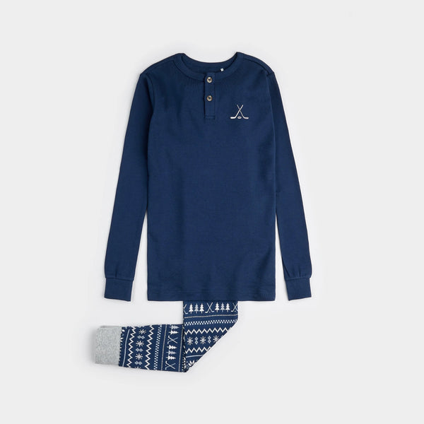 Ensemble pyjama à col henley bleu marin à motif jacquard (2 pcs.) 8 à 14 ans