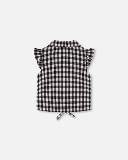 Blouse avec noeuds petit vichy noir et blanc - F30K15-029 - 2 à 10 ans