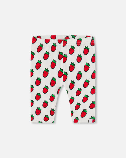 Legging court blanc imprimé de fraises pop en coton biologique - F30K61-091 - 2 à 10 ans